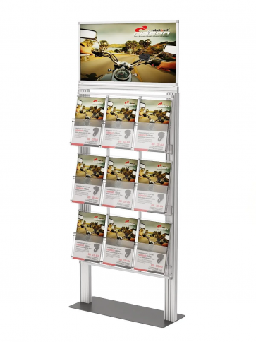 Duży ekspozytor na ulotki 193cm 9 kieszeni A4 pionowo + plakat Art 028