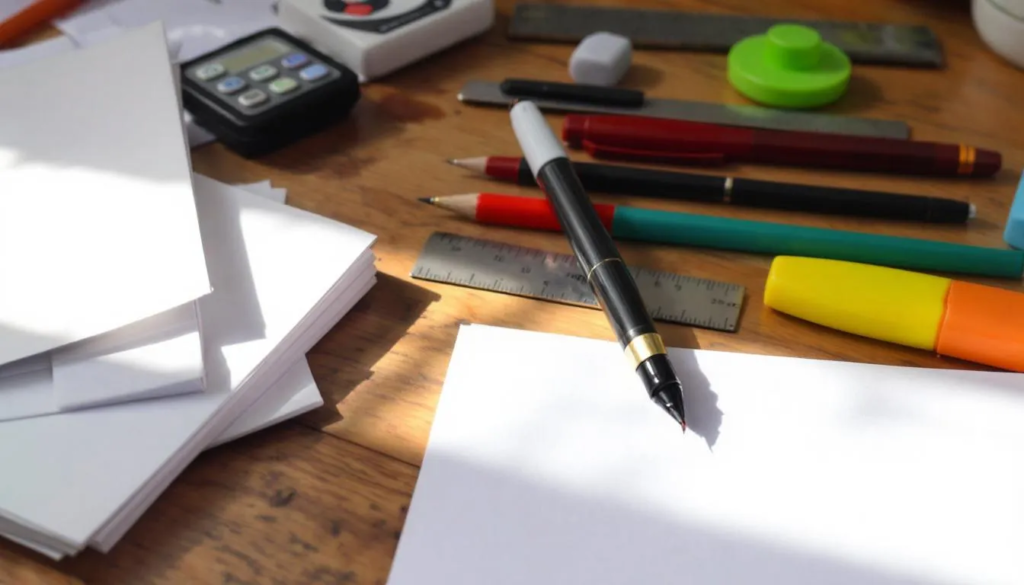 Na biurku rozłożone są różne akcesoria do pisania i korekty, takie jak długopisy, nożyczki, zszywacze oraz taśmy klejące, które stanowią niezbędne wyposażenie biura. Obok znajdują się również pojemniki na drobne przedmioty oraz kalendarze, ułatwiające organizację pracy.