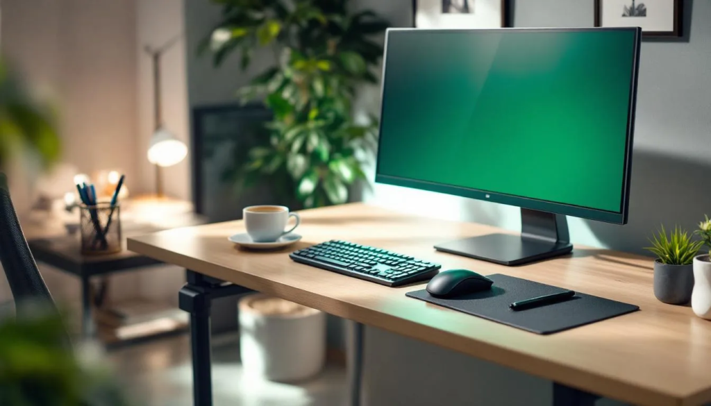 Na ergonomicznie zorganizowanym biurku znajdują się niezbędne akcesoria biurowe, takie jak długopisy, nożyczki, zszywacze oraz pojemniki na drobne przedmioty, co ułatwia pracę w miejscu pracy. Biurko jest uporządkowane, co sprzyja efektywnej organizacji dokumentów i artykułów biurowych.