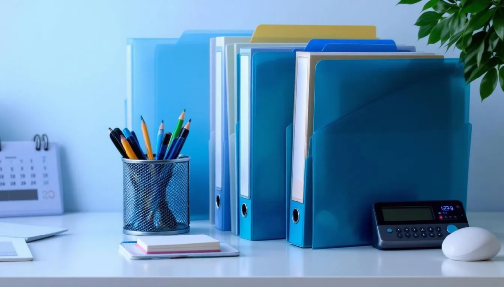 Na białym biurku znajdują się różnorodne organizery biurowe, w tym pojemniki na długopisy, nożyczki oraz zszywacze, które ułatwiają organizację drobnych przedmiotów i dokumentów w miejscu pracy. Akcesoria te są niezbędnym wyposażeniem biura, wspierającym efektywność pracowników.