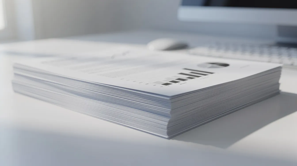 Na zdjęciu widać stos dokumentów biurowych, które zostały wydrukowane na drukarce laserowej, co sugeruje wysoką jakość wydruków. Obok dokumentów znajdują się różne tonery zamienniki, które mogą być używane w urządzeniach wielofunkcyjnych, takich jak modele drukarek Konica Minolta czy Epson.