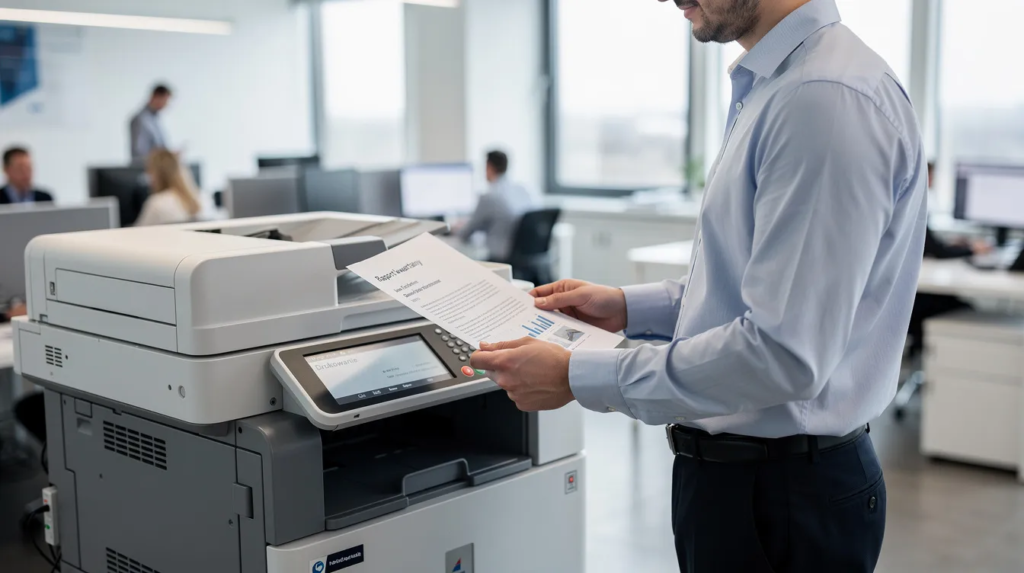 Na zdjęciu widoczny jest pracownik biurowy, który przy drukarce odbiera świeżo wydrukowane dokumenty. W tle można dostrzec różne modele drukarek, co sugeruje szeroki wybór materiałów eksploatacyjnych, takich jak tonery i tusze, dostępnych w sklepie internetowym.