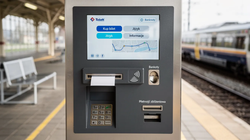 Automat biletowy z ekranem dotykowym na peronie