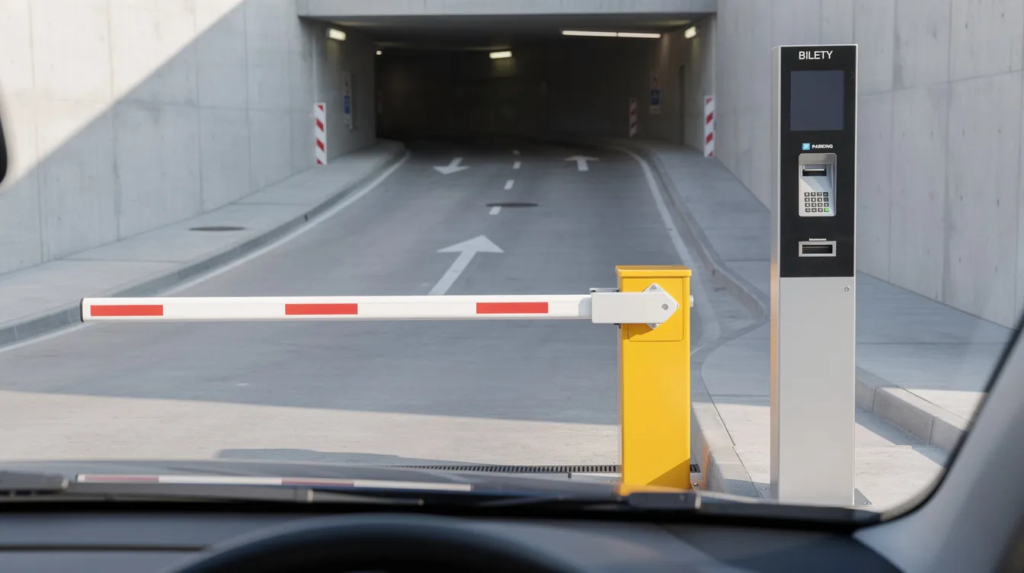 Terminal biletowy i szlaban przy wjeździe do parkingu podziemnego