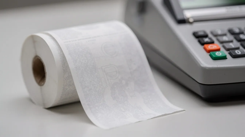 Rolka papieru termicznego z nadrukiem obok kasy fiskalnej.